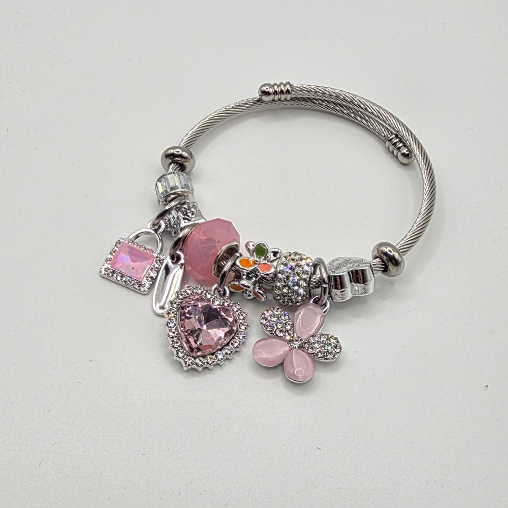 Silver Tone Pink Crystal Heart‎ Butterfly Cable Wire Charm Bangle Bracelet